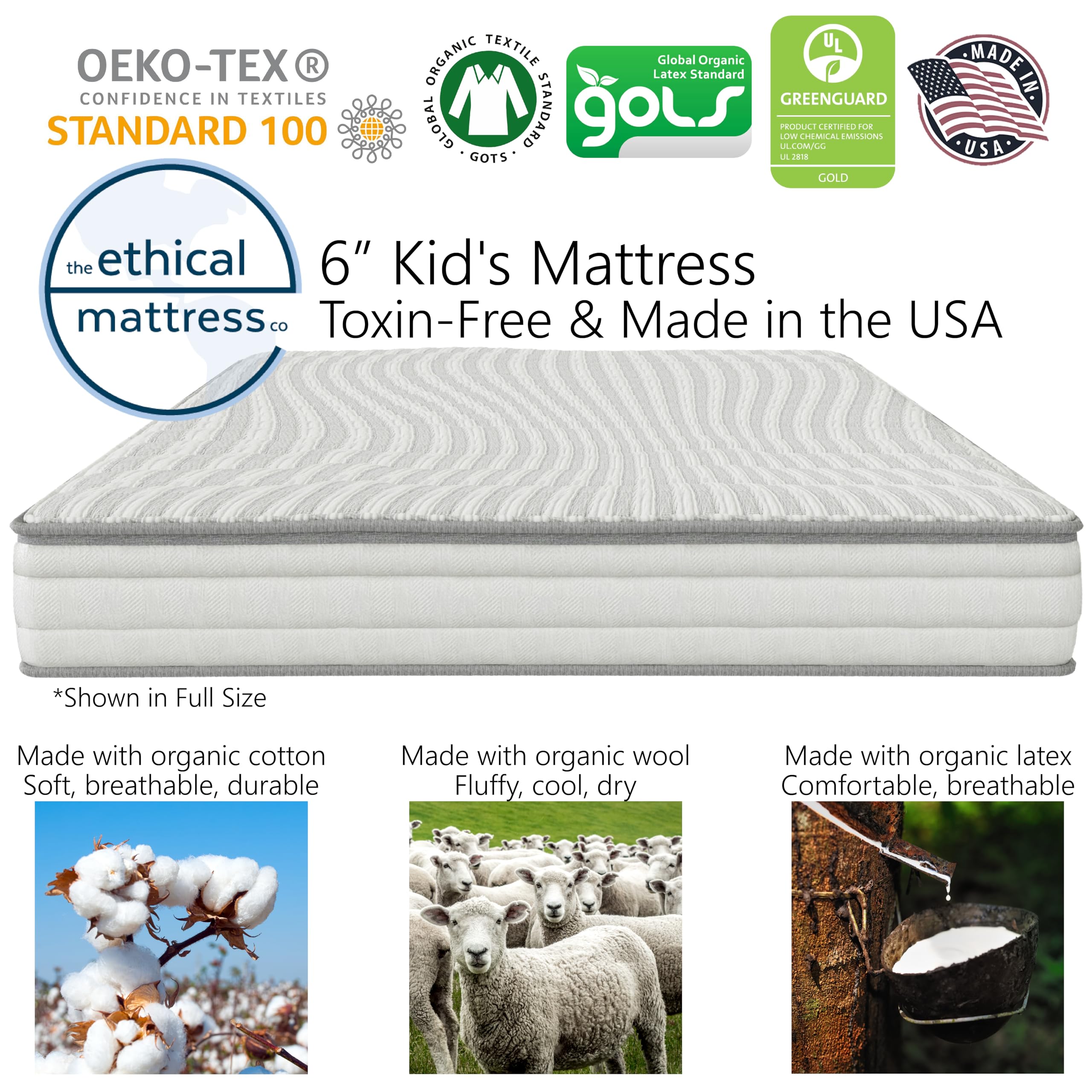 Ethical Mattress CO 6" Kid’s Mattress, Toxin-Free, Made in The USA with Organic Cotton, Wool, Latex & Pocketed Coils (Mattress-in-a-Box); Perfect for bunk beds, trundles & Platform beds - Full Size