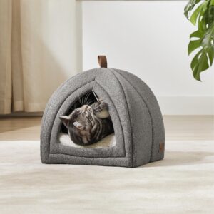 Bedsure Cat Beds for Indoor Cats - 2 in 1 Cat Cave for Kittens and Small Pets, Foldable Cat House Tent with Removable Washable Cushioned Pillow, Cat Hideaway with Non-Slip Bottom, Grey, 16 inches