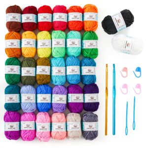 inscraft crochet yarn kit for beginners, 1440 yards 32 colors acrylic yarn skeins, 2 crochet hooks, 2 weaving needles, 4 stitch markers, 1 bag, for crocheting & knitting, gift for adults