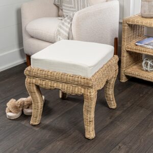 JONATHAN Y VSL1000A Rowan 19.7" Bohemian Designer Woven Rattan/Wood Vanity Stool, White Cushion with Natural Frame, for Living Room, Bedroom, Entryway, Foyer