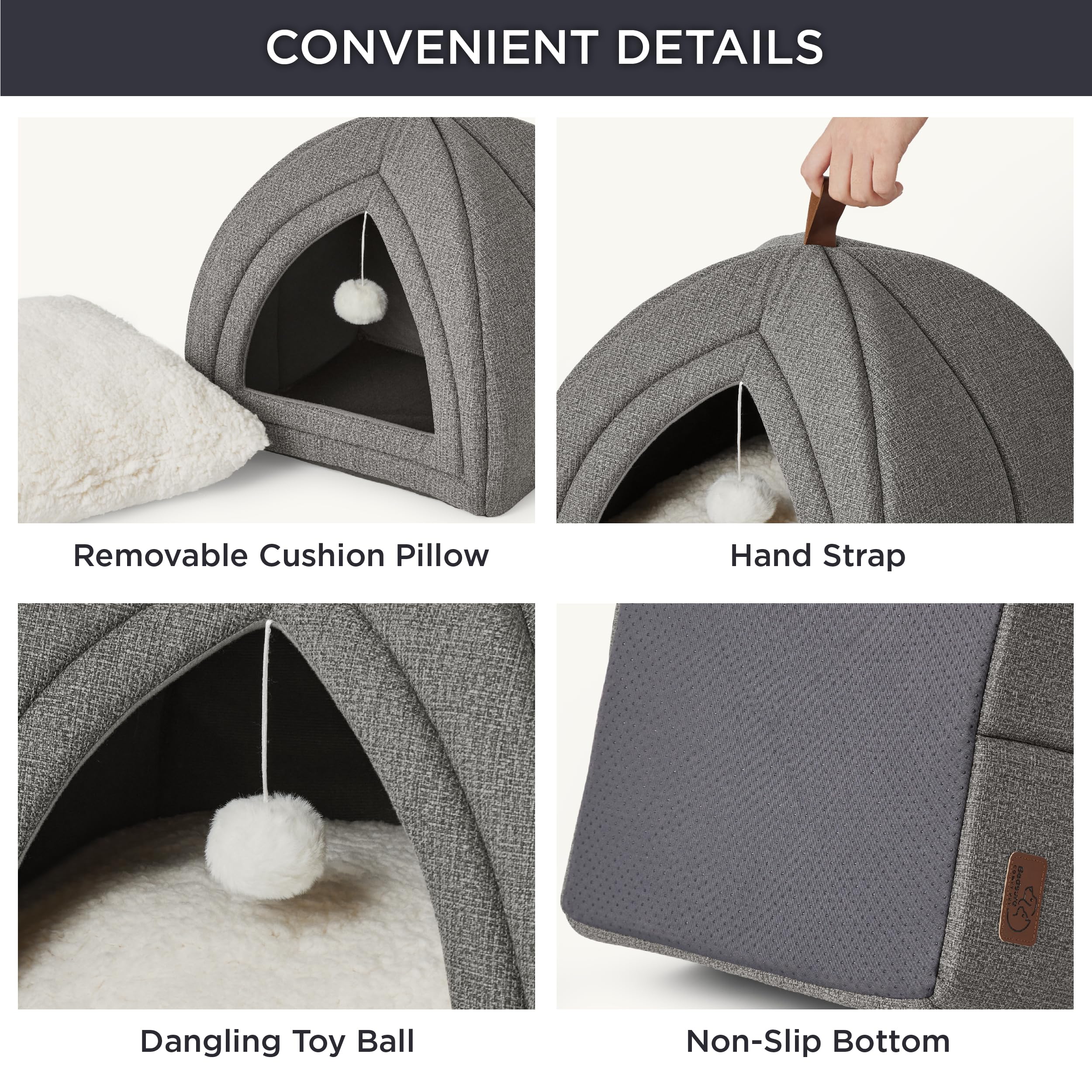 Bedsure Cat Beds for Indoor Cats - 2 in 1 Cat Cave for Kittens and Small Pets, Foldable Cat House Tent with Removable Washable Cushioned Pillow, Cat Hideaway with Non-Slip Bottom, Grey, 16 inches