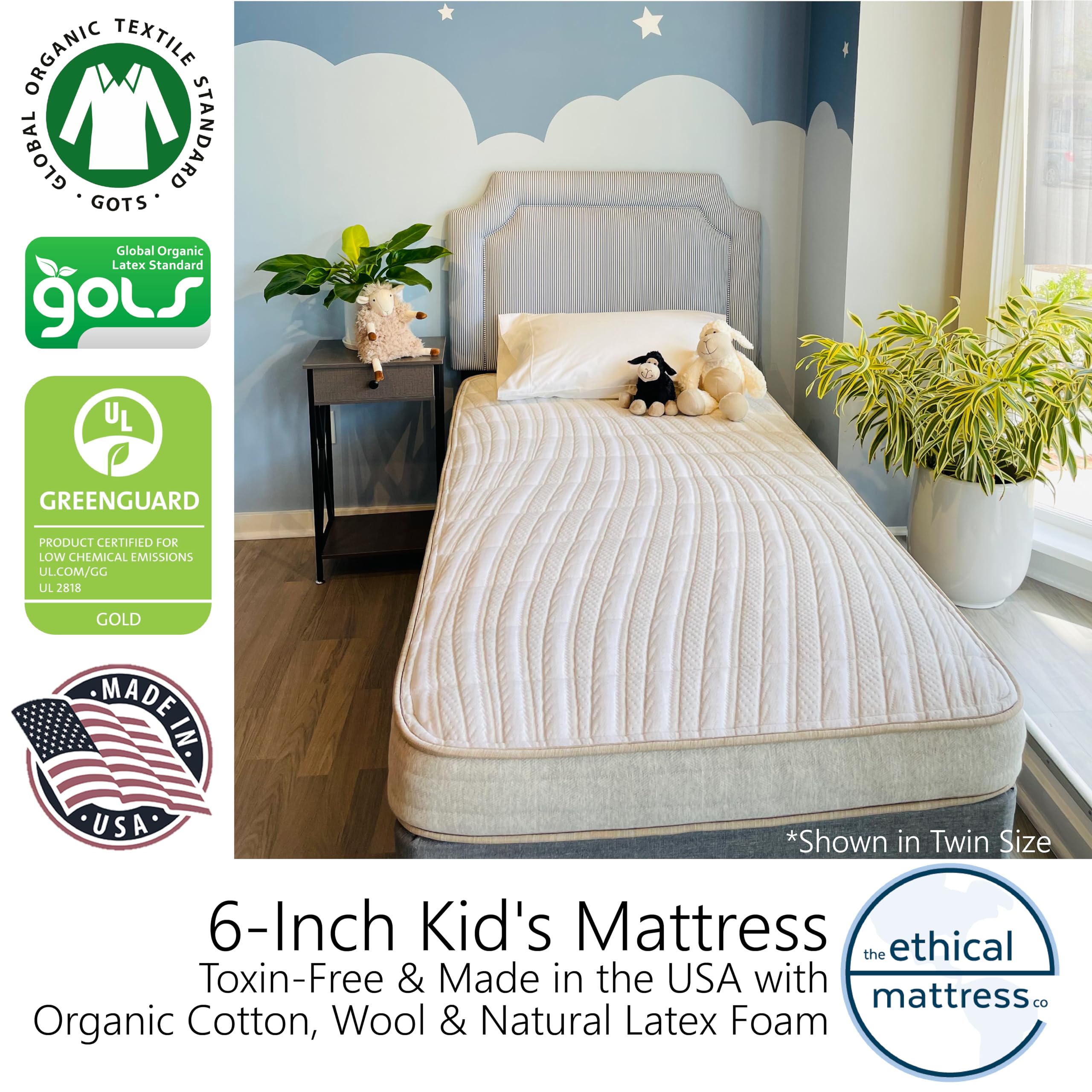 ETHICAL MATTRESS CO 6" Kid’s Mattress, Toxin-Free, Made in the USA with Organic Cotton, Wool, Latex & Pocketed Coils (Mattress-in-a-Box); perfect for bunk beds, trundles & platform beds - Twin XL size