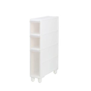 Narrow Tall Floor Cabinet for Bathroom, Vertical Storage Unit with 4 Clear Drawers and Casters, Slim Freestanding Narrow Dresser Tower Storage Drawer Cart, 14cm/22cm Width, Assembly Free