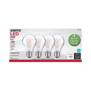 satco s12460 5 watt a19 led bulb, clear, 2700k, medium base, 120 volt, 4-pack