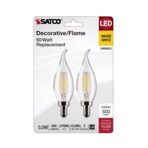 satco 3012445 60w equivalence ca10 flame tip e12 candelabra filament warm white led bulb pack of 2