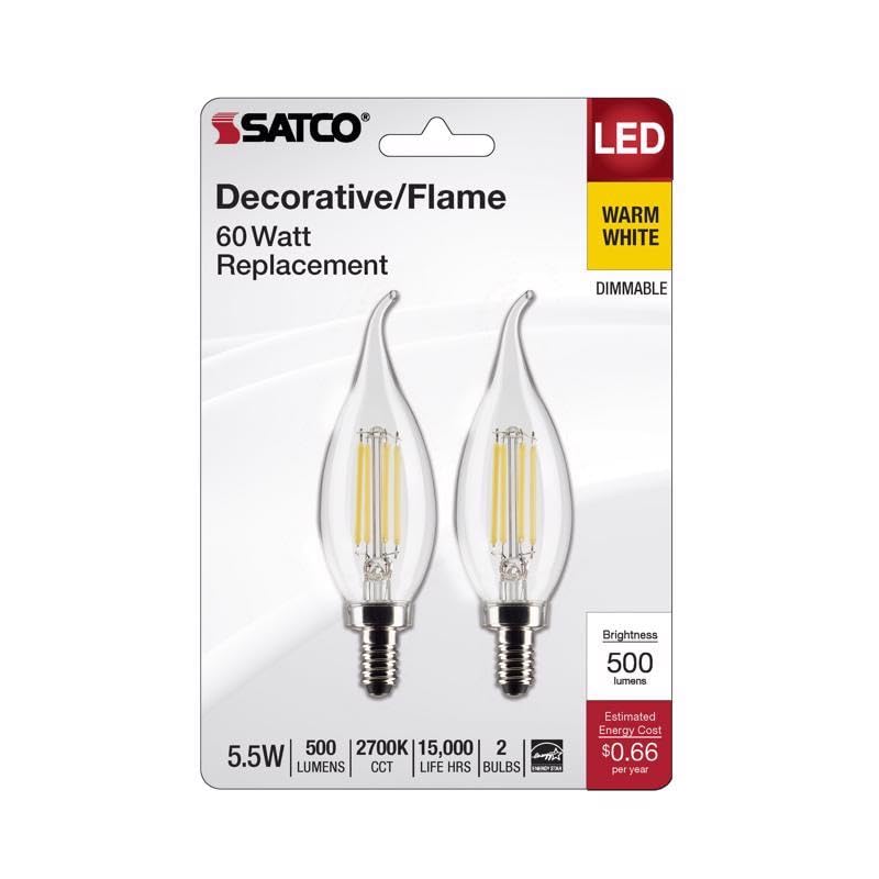 Satco 3012445 60W Equivalence CA10 Flame Tip E12 Candelabra Filament Warm White LED Bulb Pack of 2