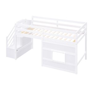 Harper & Bright Designs Twin Size Low Loft Bed with Stairs,Wood Loft Bed for Kids,Loft Bed Twin with Window Design, Space-Saving Twin Bed for Girls Boys,White