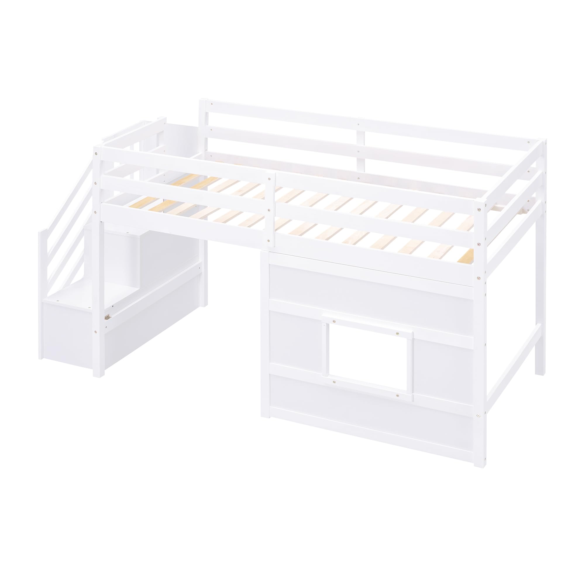 Harper & Bright Designs Twin Size Low Loft Bed with Stairs,Wood Loft Bed for Kids,Loft Bed Twin with Window Design, Space-Saving Twin Bed for Girls Boys,White