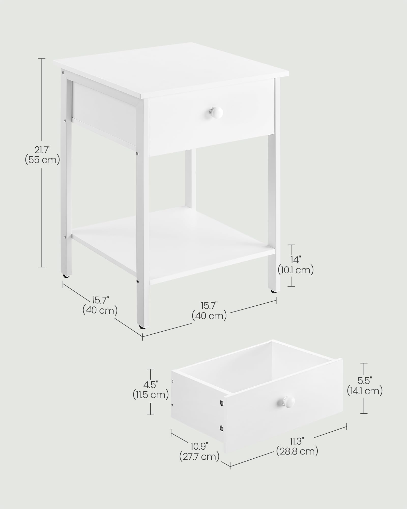 VASAGLE Nightstand, End Table, Side Table with Drawer and Shelf, 15.7 x 15.7 x 21.7 Inches, Bedroom, Steel Frame, Easy Assembly, Modern, Matte White ULET055W14