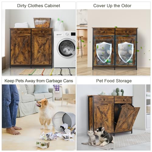 Clevich Double Tilt Out Trash Cabinet 20 Gal, Kitchen Wooden Recycling Cabinet, Hidden Trash Can Holder w/Drawers & Tabletop, Dog-Proof Trash Bin Cabinet, Trash Bins NOT Included (Retro Brown)