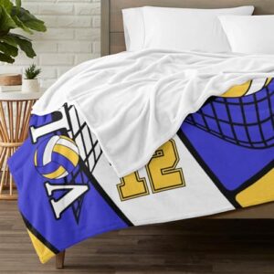 Zaaprint Volleyball Blue Gold Personalized Blankets with Name Customized Baby Blankets for Girls Boys Adults Kids Day Gift(50x60 inch)