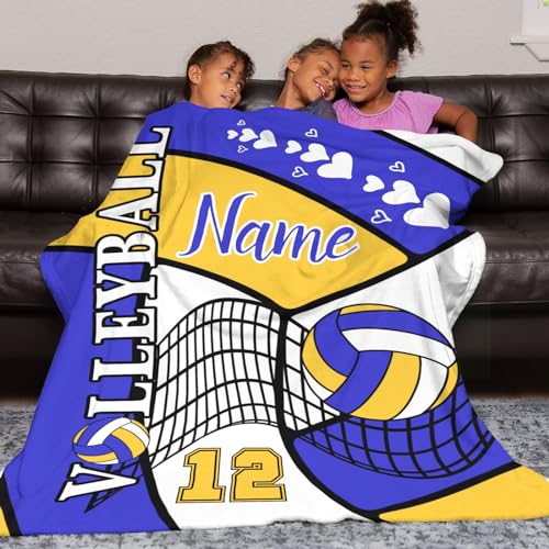 Zaaprint Volleyball Blue Gold Personalized Blankets with Name Customized Baby Blankets for Girls Boys Adults Kids Day Gift(50x60 inch)