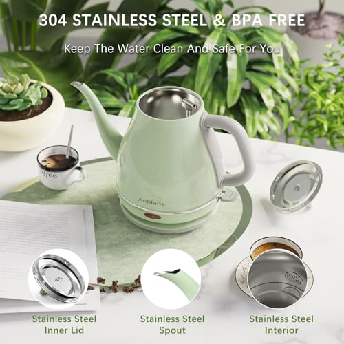 Anfilank Electric Gooseneck Kettle, 1L 1500W Fast Boil, 100% Stainless Steel BPA Free Pour-Over Coffee & Tea Kettle, Water Boiler with Auto Shut & Boil-Dry Protection, Green