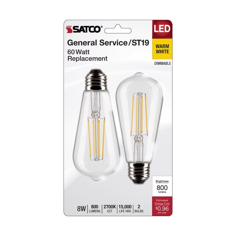 Satco S21870 8 Watt ST19 LED Bulb, Clear: Medium Base, 2700K, 800 Lumens, 2-Pack