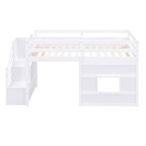 Harper & Bright Designs Twin Size Low Loft Bed with Stairs,Wood Loft Bed for Kids,Loft Bed Twin with Window Design, Space-Saving Twin Bed for Girls Boys,White