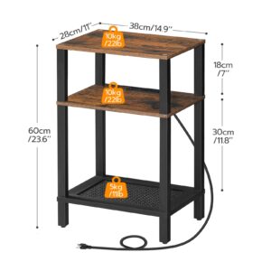 HOOBRO Side Table with Charging Station, End Table with USB Ports and Outlets, 3-Tier Storage Shelves Nightstand, Sofa Table for Small Space in Bedroom, Living Room, Rustic Brown and Black BF106UBZ01