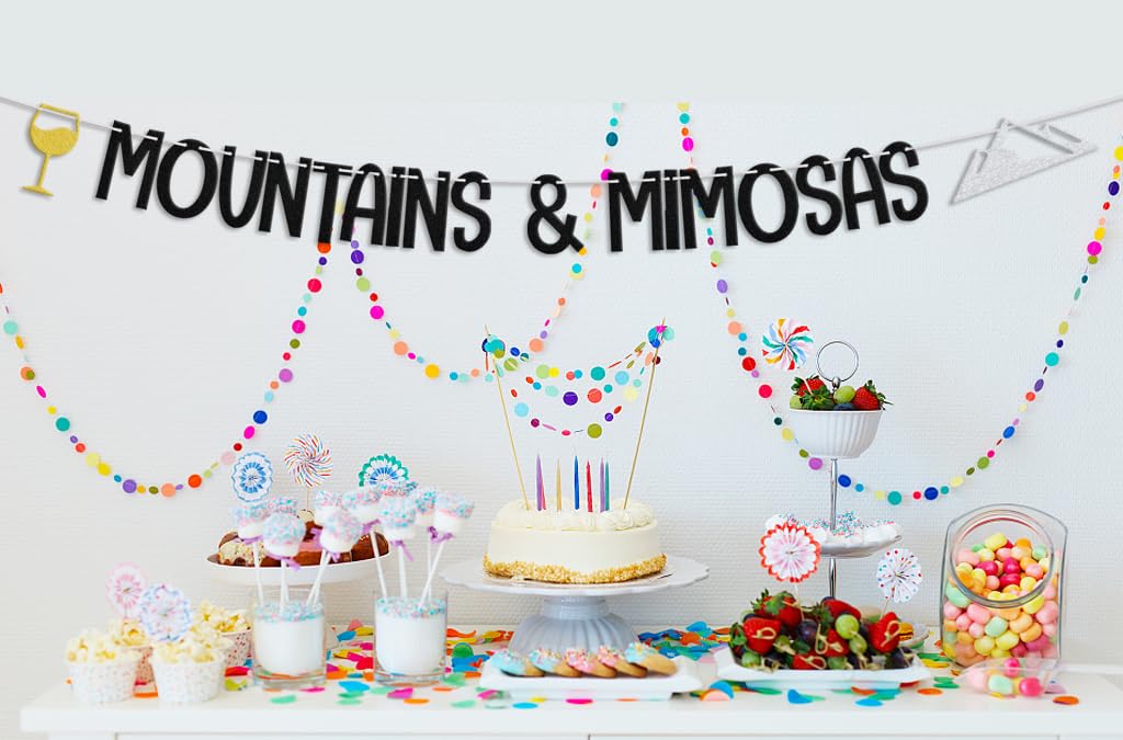 Mountains & Mimosas Banner, Mountain Bachelorette Party Decorations, Cabin Camping Bridal Shower Engagement Wedding Party Supplies Black Silver