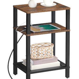 HOOBRO Side Table with Charging Station, End Table with USB Ports and Outlets, 3-Tier Storage Shelves Nightstand, Sofa Table for Small Space in Bedroom, Living Room, Rustic Brown and Black BF106UBZ01