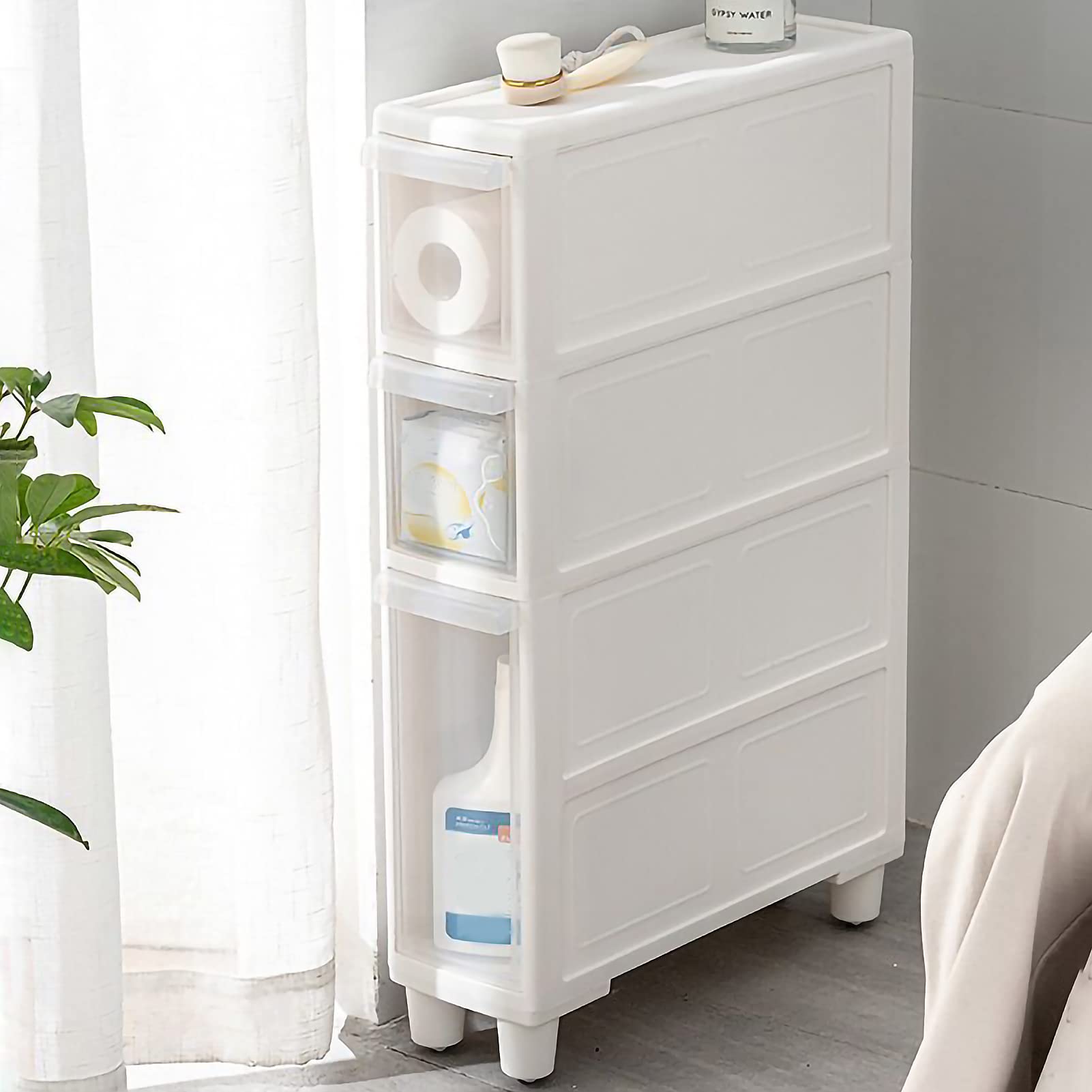 Narrow Tall Floor Cabinet for Bathroom, Vertical Storage Unit with 4 Clear Drawers and Casters, Slim Freestanding Narrow Dresser Tower Storage Drawer Cart, 14cm/22cm Width, Assembly Free