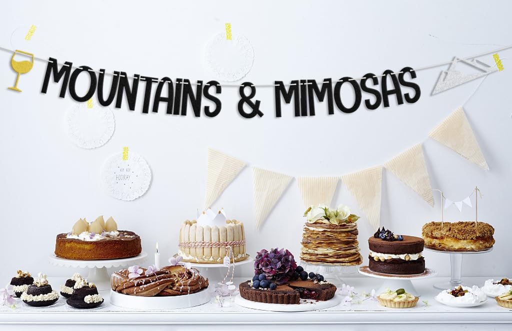 Mountains & Mimosas Banner, Mountain Bachelorette Party Decorations, Cabin Camping Bridal Shower Engagement Wedding Party Supplies Black Silver