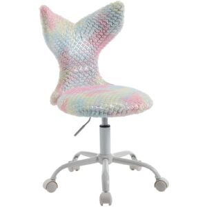 zh4you cute kids desk chair, soft fuzzy computer chair for girls teen reading study adjustable swivel rolling task chair vanity chair with little mermaid sparkling back(pink rainbow)