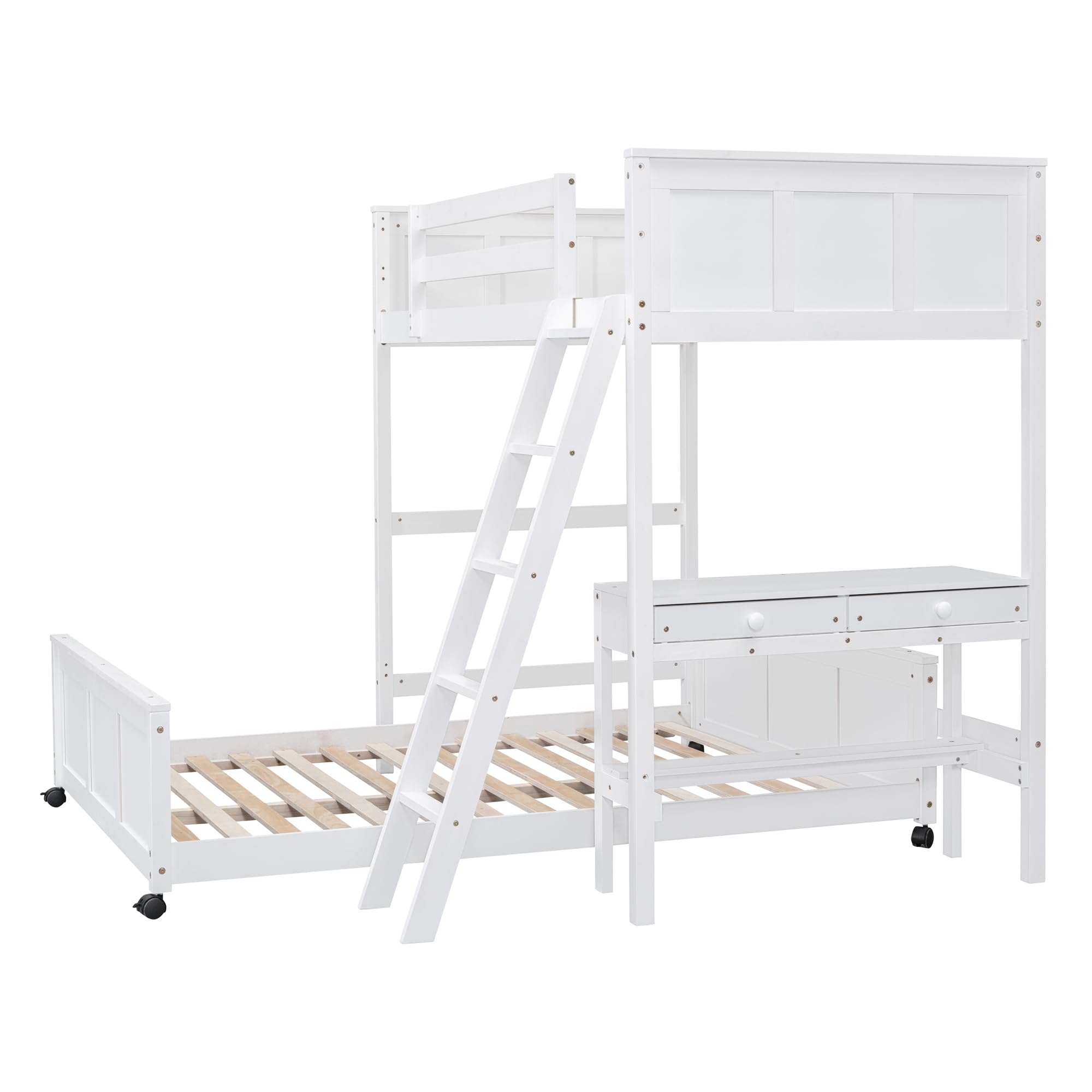 SOFTSEA L-Shaped Loft Bunk Bed with Small Desk 2 Beds in One Solid Wood Bunk Beds with 4 Wheels