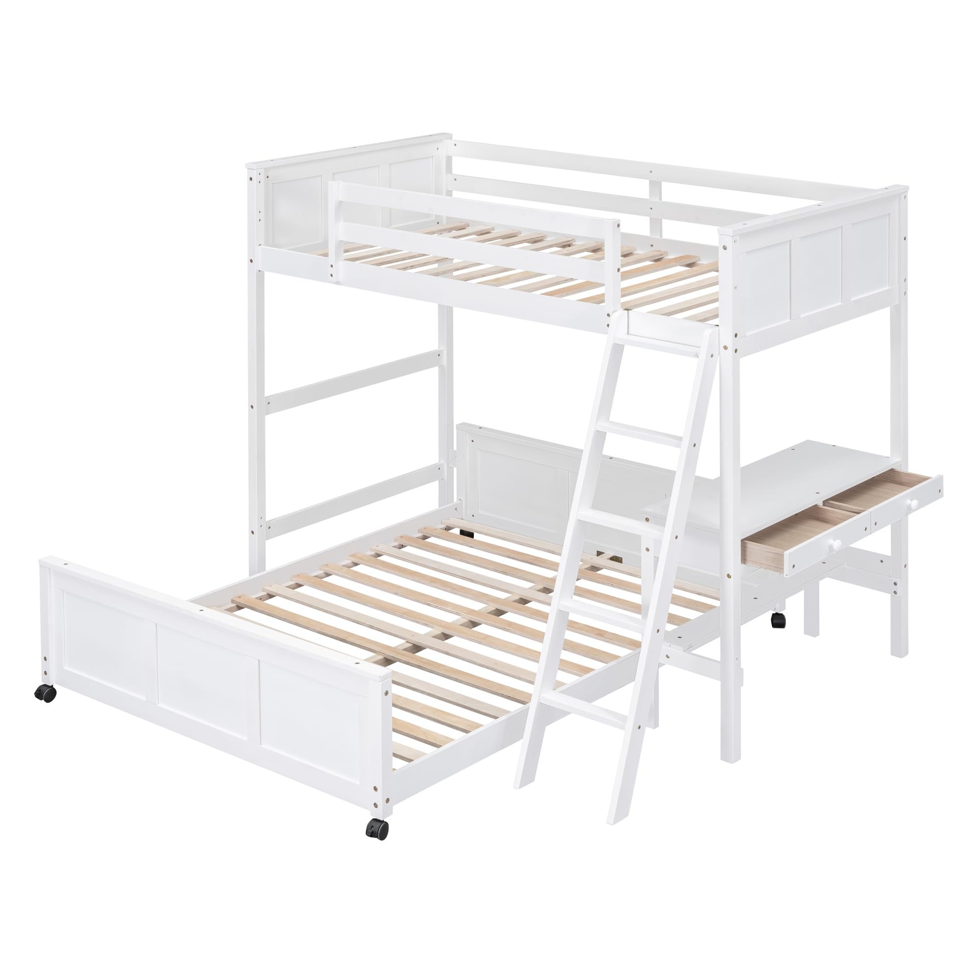 SOFTSEA L-Shaped Loft Bunk Bed with Small Desk 2 Beds in One Solid Wood Bunk Beds with 4 Wheels