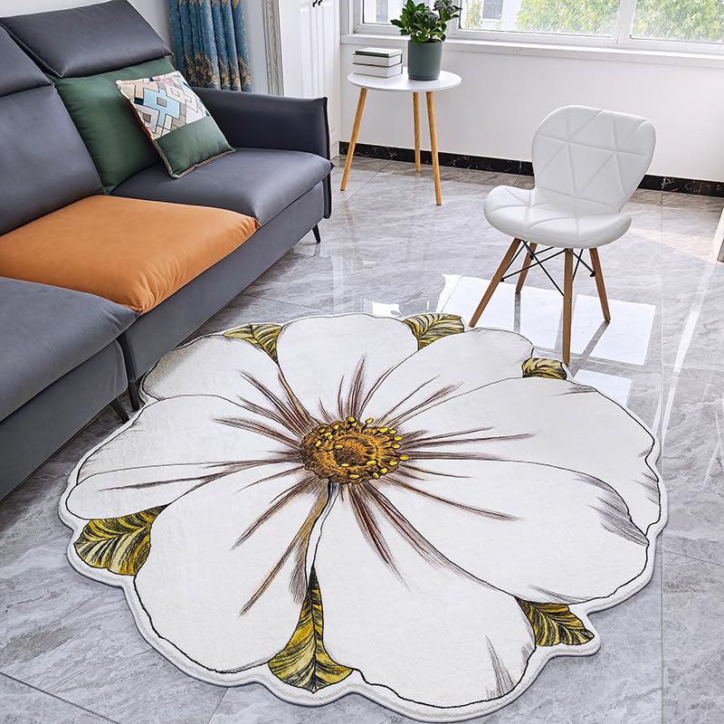 Flower Rug for Bedroom Kitchen Bathroom Entrance Kid's Room Non Slip Rug Bath Mat Flower Area Rug Small Flower Shaped Rugs White Flower Shaped Rug (Yellow, 2.6ftx2.6ft)