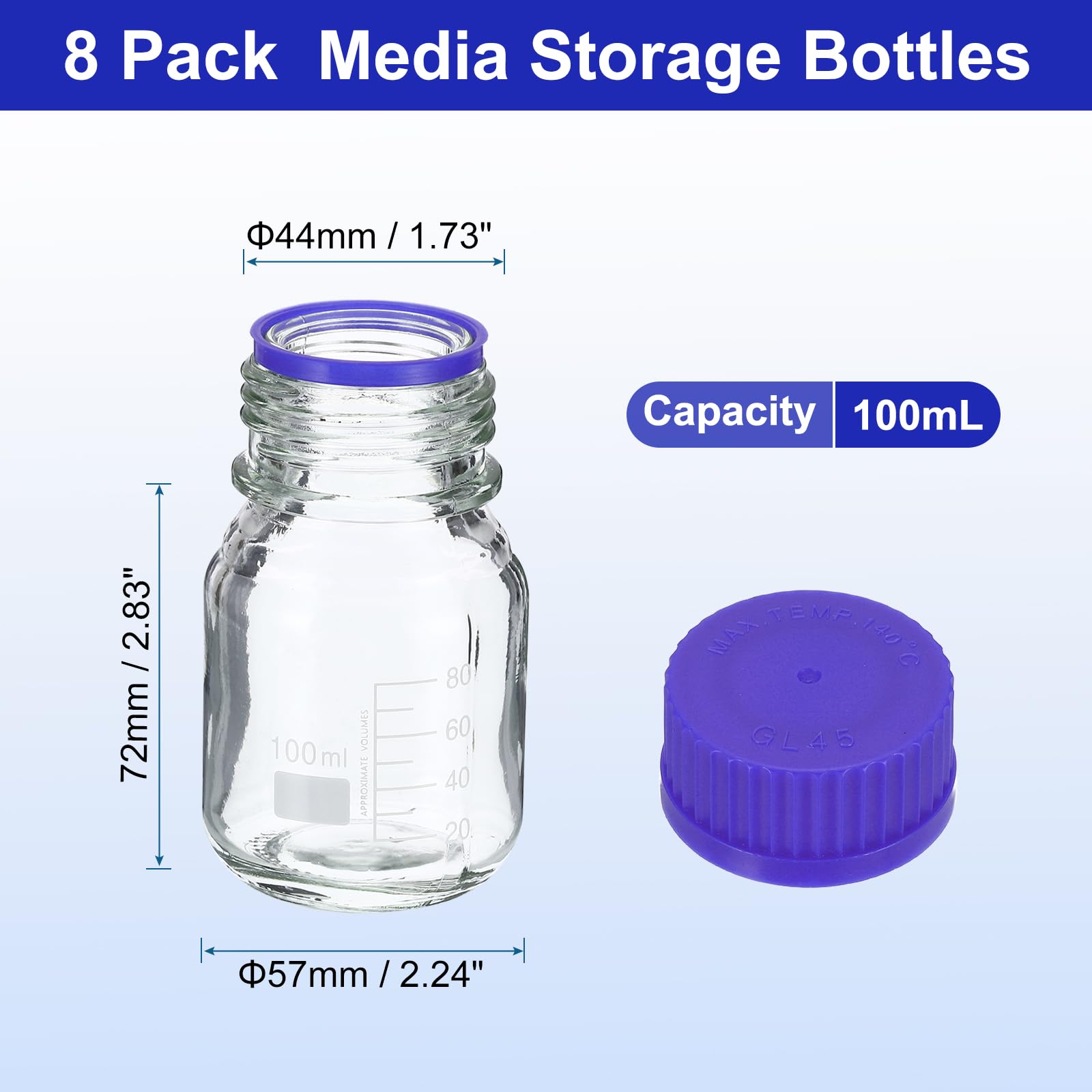 PATIKIL 8 Pack Reagent Media Storage Bottles, 100ml Borosilicate Glass Graduated Round Bottles with GL45 Blue Screw Cap for Lab Water Reagent Liquids, Clear