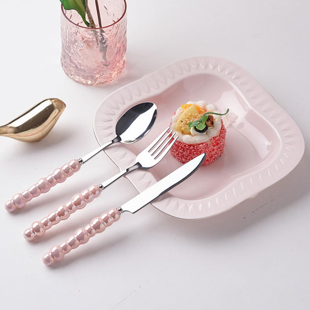 2Pcs Pearl Flatware Set, Creative Stainless Steel Flatware Pearl Ceramic Handle Silverware Tableware for Kitchen Hotel Home Steak Knife Dessert Spoon Dishwasher