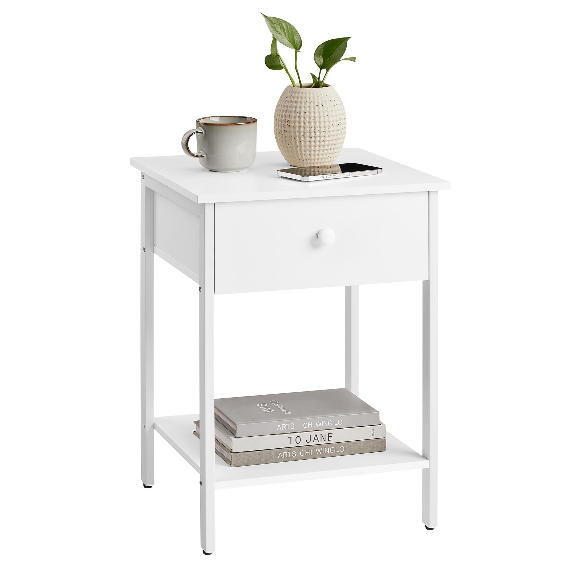 VASAGLE Nightstand, End Table, Side Table with Drawer and Shelf, 15.7 x 15.7 x 21.7 Inches, Bedroom, Steel Frame, Easy Assembly, Modern, Matte White ULET055W14