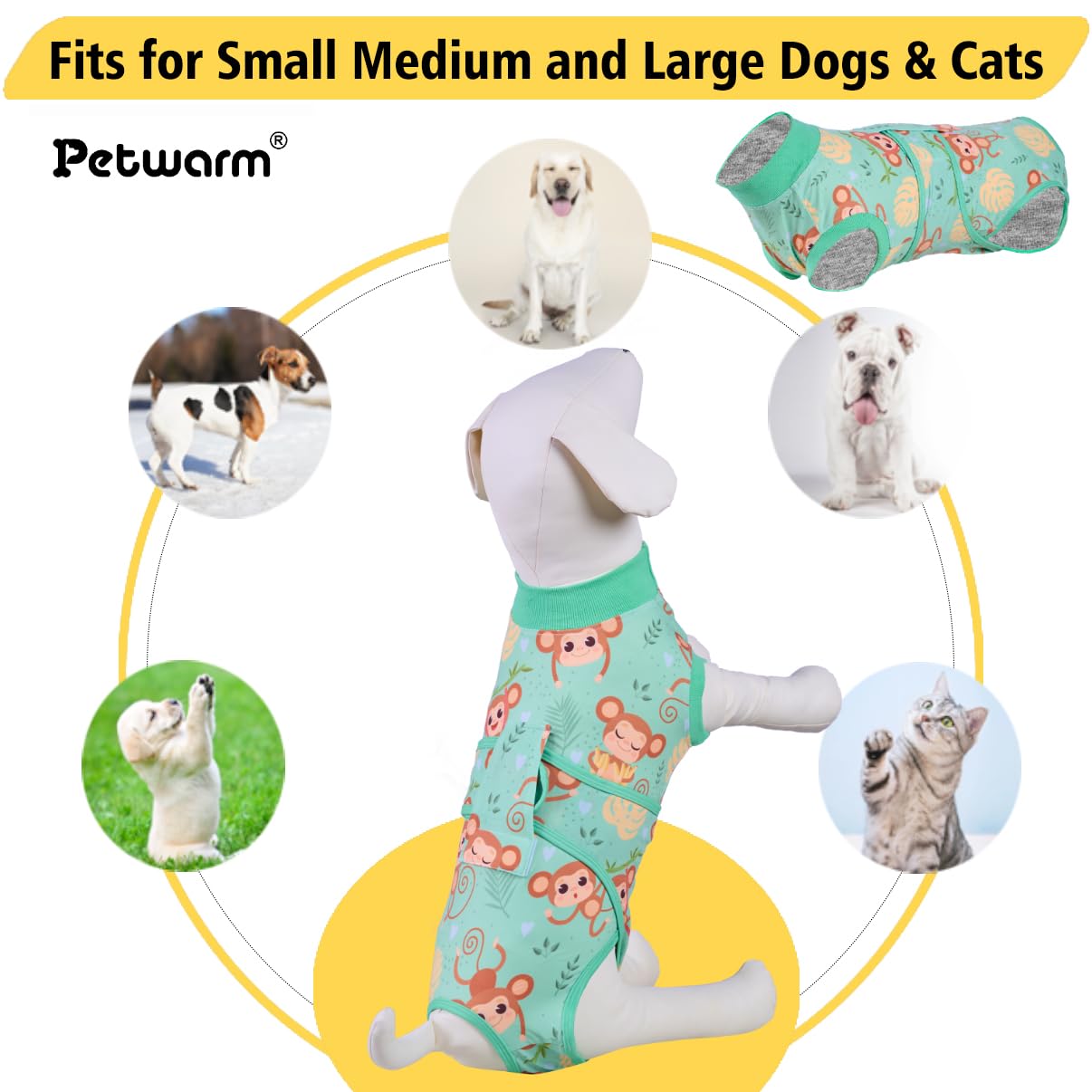 PetWarm Dog Onesie for Surgery Female,Recovery Suit for Dogs After Surgery,Dog Recovery Collars & Cones Alternative Dog Abdominal Wounds Bandages,Pet Surgical RecoverySuit,Monkey Pattern,Green,L