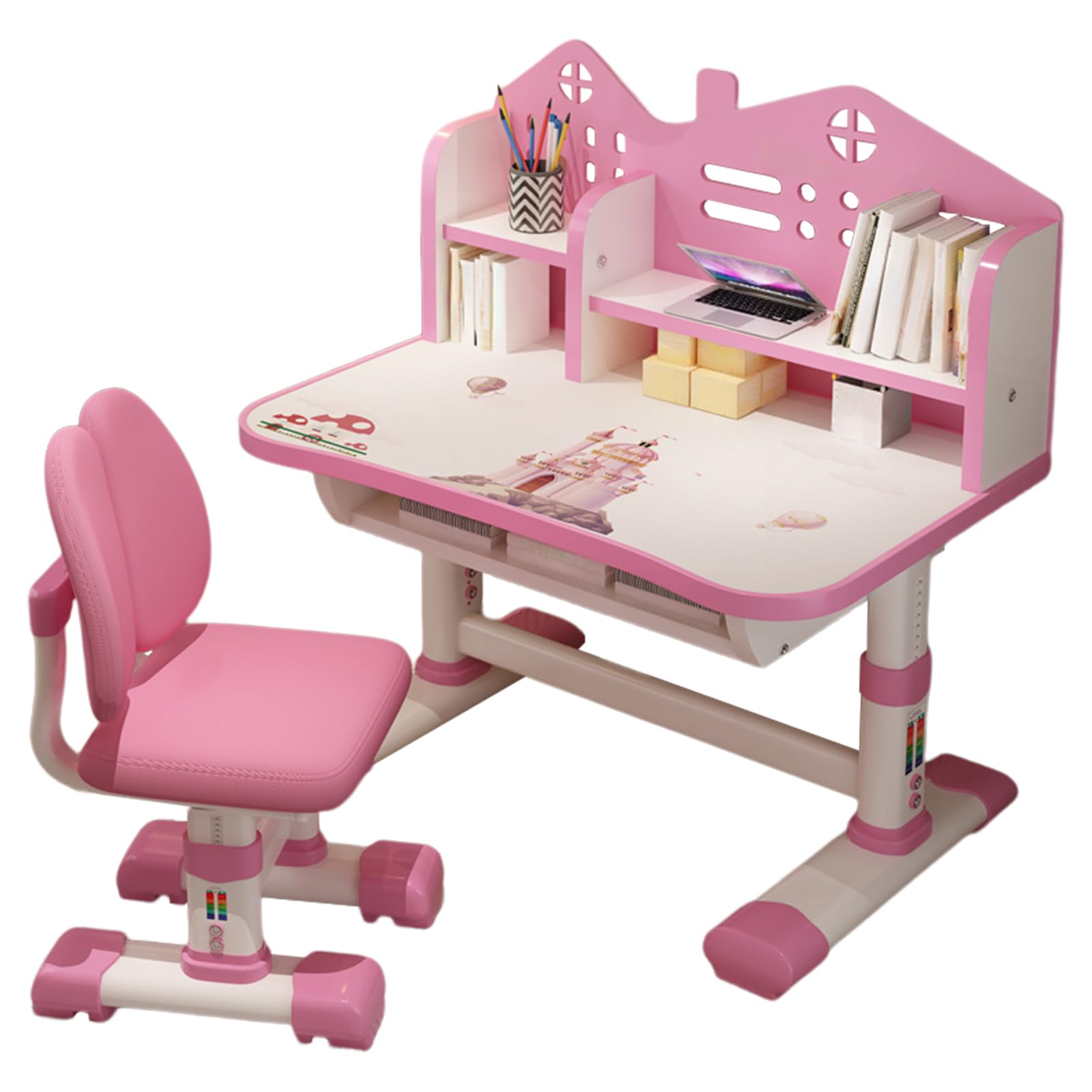 Small Desk, Standing Desk, Desk Chair Set, Widened Desktop Multi Separation Cartoon Pattern Desk Chair Set Kids Adjustable Height Study Table with Drawer Chair Set (Pink)