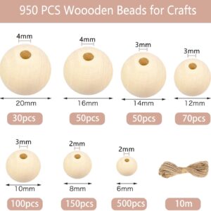 950pcs Wooden Beads for Crafts 7 Sizes Unfinished Natural Wood Beads Wooden Beads Bulk 6mm, 8mm, 10mm, 12mm, 14mm, 16mm, 20mm Beads for Garland Macrame Jewelry Making DIY Farmhouse Decor