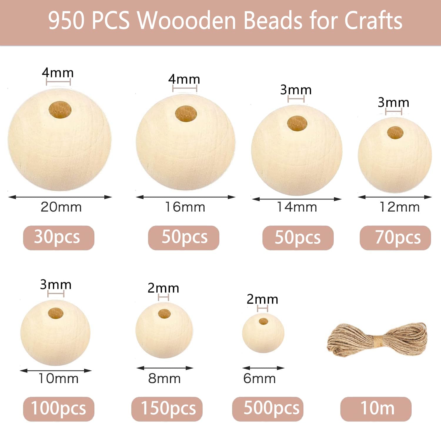 950pcs Wooden Beads for Crafts 7 Sizes Unfinished Natural Wood Beads Wooden Beads Bulk 6mm, 8mm, 10mm, 12mm, 14mm, 16mm, 20mm Beads for Garland Macrame Jewelry Making DIY Farmhouse Decor