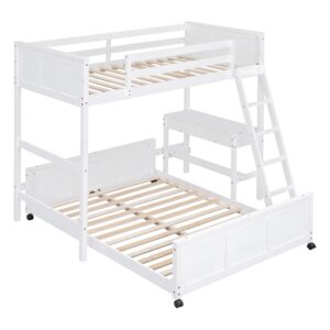 SOFTSEA L-Shaped Loft Bunk Bed with Small Desk 2 Beds in One Solid Wood Bunk Beds with 4 Wheels