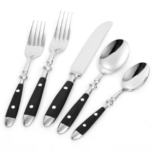 20-piece bistro silverware set for 4, everyday flatware, black handles utensils set, retro stainless steel forks and spoons, mirror finished utensil sets for home restaurant, dishwasher safe cutlery