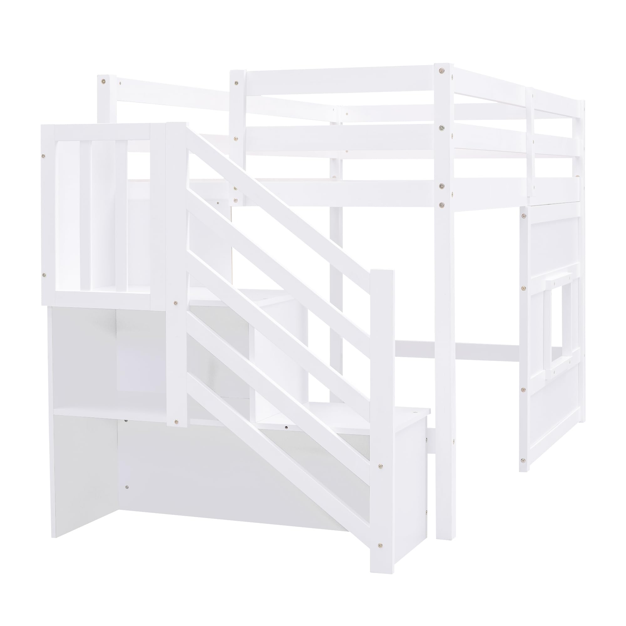 SOFTSEA Twin Size Low Loft Bed with Stairs, Solid Wood Loft Bed with Storage Steps, Twin Loft Bed with Staircase and Window, Low Loft Bed Twin with Steps for Kids Juniors, White