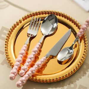 2Pcs Pearl Flatware Set, Creative Stainless Steel Flatware Pearl Ceramic Handle Silverware Tableware for Kitchen Hotel Home Steak Knife Dessert Spoon Dishwasher