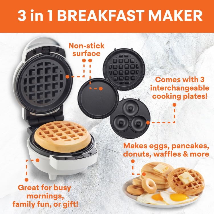 MasterChef 3-in-1 Mini Breakfast Maker- Make Eggs, Pancakes, Donuts, & Waffles and More in One Appliance! 3 Removable Non-Stick Cooking Plates for Easy Cleaning & Storing- Great Birthday, Holiday Gift