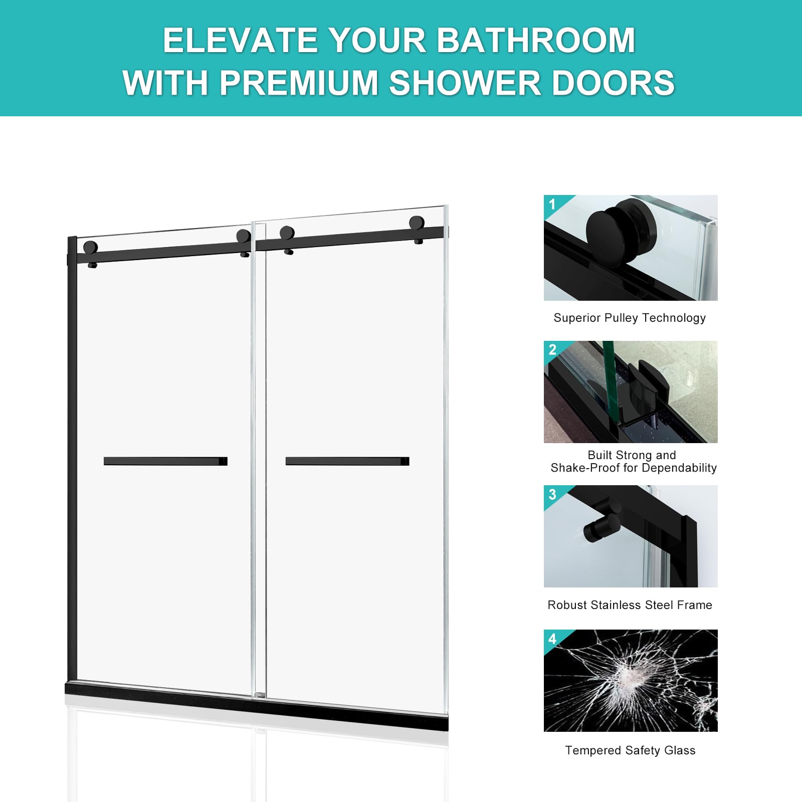 MoSweet Milano Double Sliding Shower Door, 60 in.W x 74 in.H Framed Shower Door 5/16"(8mm) Clear Tempered Glass, 18 inch Pull Handle, Stainless Steel Hardware, Matte Black Finished