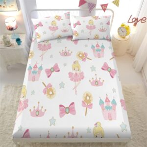 Jameswish Dancing Princess Fitted Sheet Set Twin for Kids Girls Teens Crown Castle Pattern Bed Sheet 2 Piece 3D Print Pink Dreaming Style Sheet Set