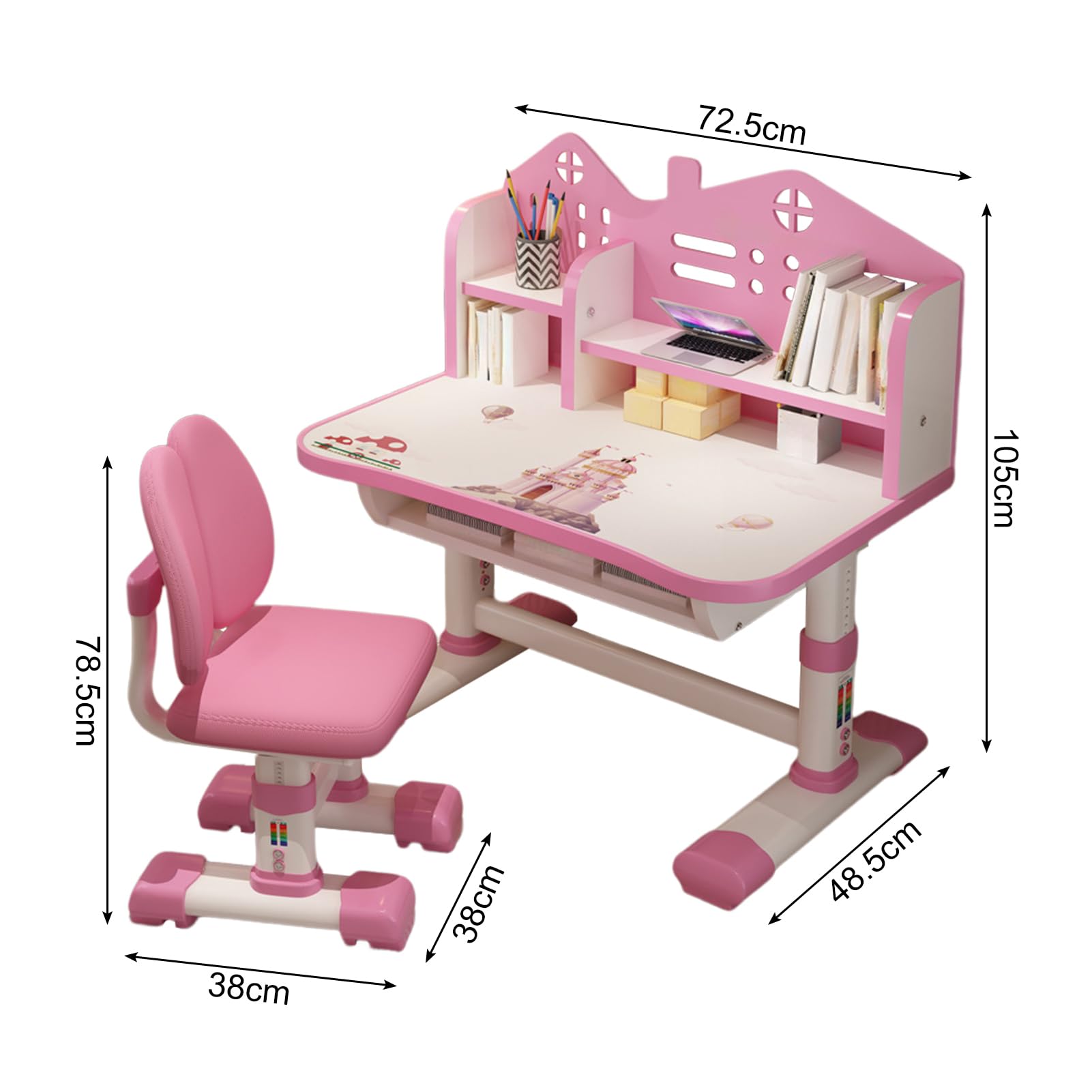 Small Desk, Standing Desk, Desk Chair Set, Widened Desktop Multi Separation Cartoon Pattern Desk Chair Set Kids Adjustable Height Study Table with Drawer Chair Set (Pink)