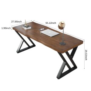 QZYJKJ Solid Wood Desk 55 inches Wide Home Office Desk,Metal Modern Industrial Writing Table, Workstation, Perfect Table for Your workspace Study Table Furniture in Rustic Natural Aged Brown