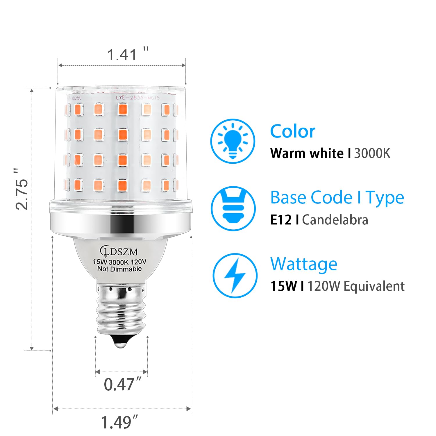 E12 LED Light Bulb 120W Equivalent 1200Lumen 3000K Warm White 15W LED Corn Light Bulb Super Bright G45 LED Bulb Non-Dimmable Ceiling Fan Light Bulbs, E12 Small Base Candelabra LED Light Bulbs, 4 Pack