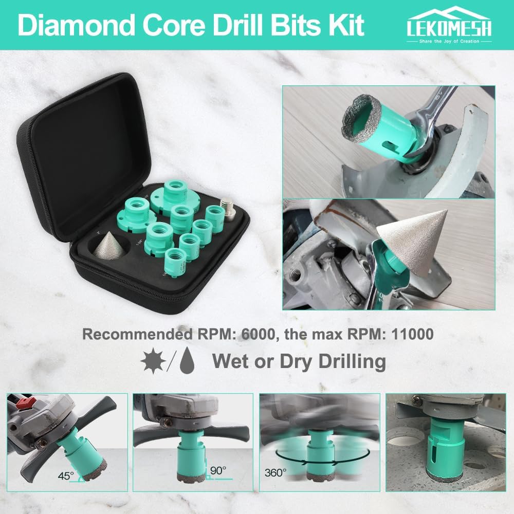 Diamond Core Drill Bits Set - LEKOMESH Tile Hole Saw Kit (6/8/10/25/35/50/65mm+10mm Finger Bit+50mm Chamfer Bit+Adapter) for Porcelain Tile Ceramic Marble Brick Concrete,5/8"-11 Thread