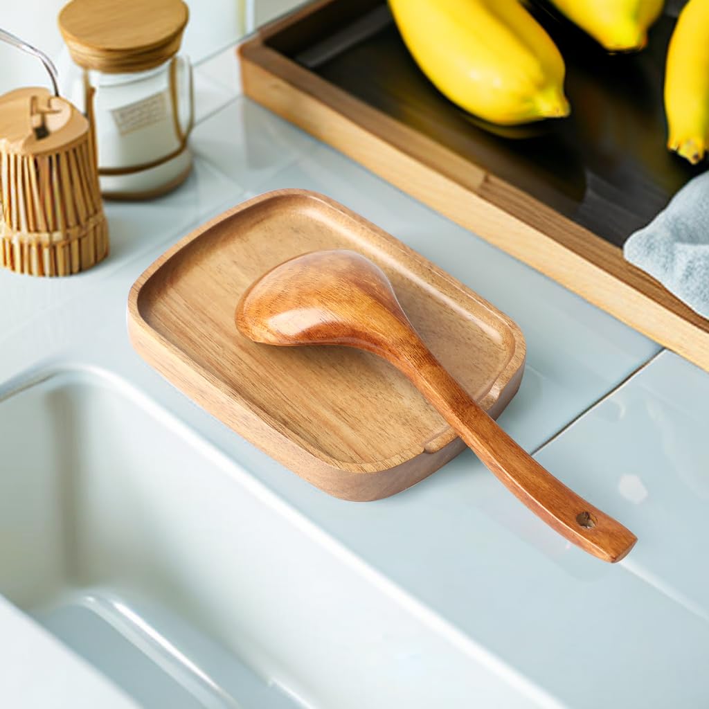 LBEMEY Acacia Wood Spoon Rest For Stove Top- Smooth Rectangular Wooden Spoon Holder For Kitchen Counter with Non Slip Silicone Feet, Perfect Holder for Spoons (Brown)