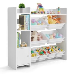 fencer wire toy organizer bookcase with 8 white plastic bins, perfect storage solution, for toddler, storage cabinet, playroom organization and storage, toy organizers and storage bins, white