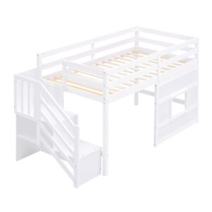 SOFTSEA Twin Size Low Loft Bed with Stairs, Solid Wood Loft Bed with Storage Steps, Twin Loft Bed with Staircase and Window, Low Loft Bed Twin with Steps for Kids Juniors, White