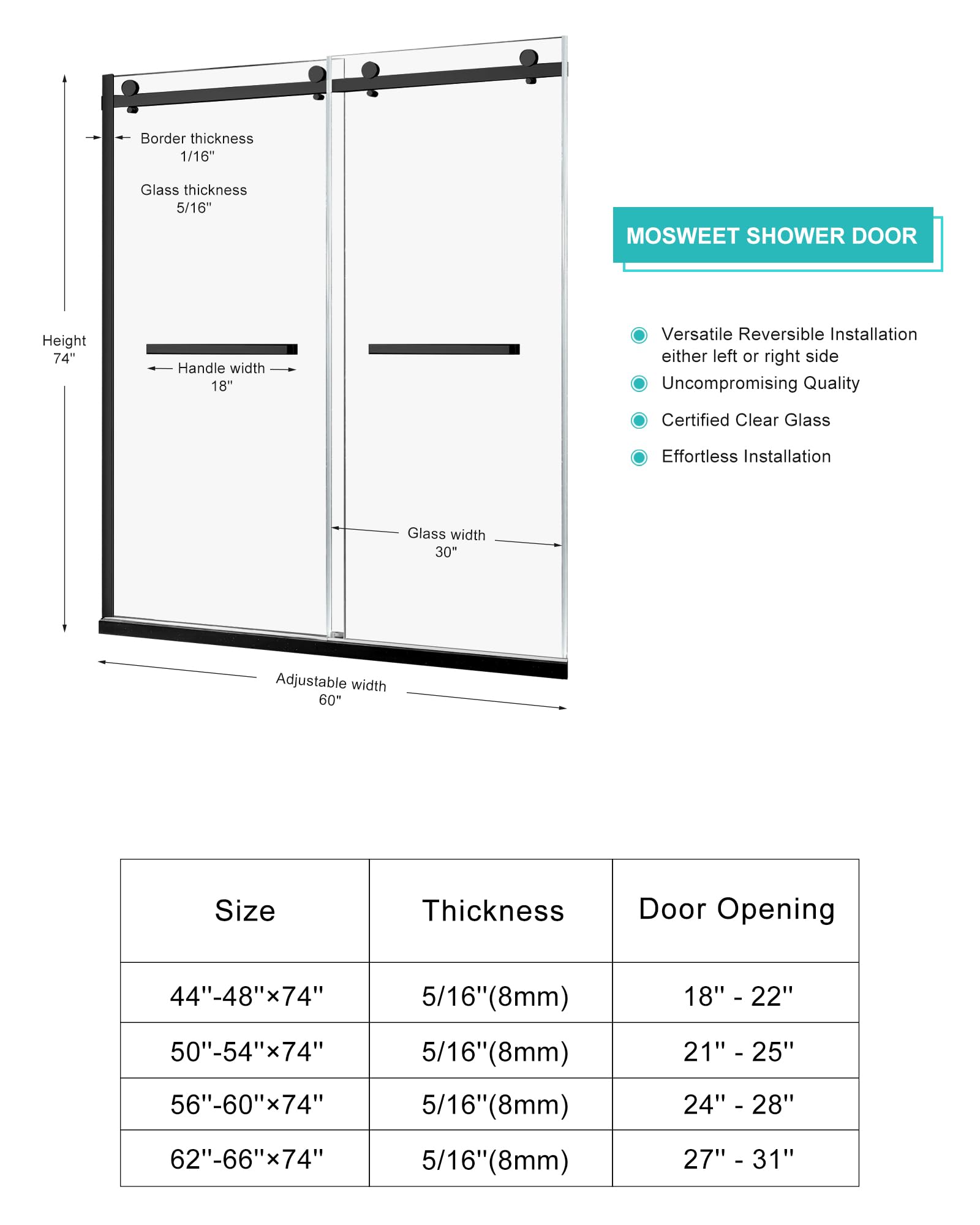 MoSweet Milano Double Sliding Shower Door, 60 in.W x 74 in.H Framed Shower Door 5/16"(8mm) Clear Tempered Glass, 18 inch Pull Handle, Stainless Steel Hardware, Matte Black Finished